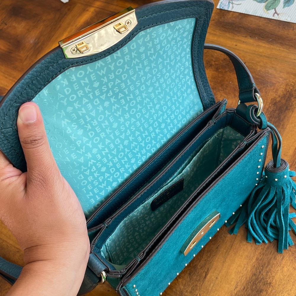 Kate Spade Teal Kenway Suede Crossbody with Tassel - Picture 8 of 11